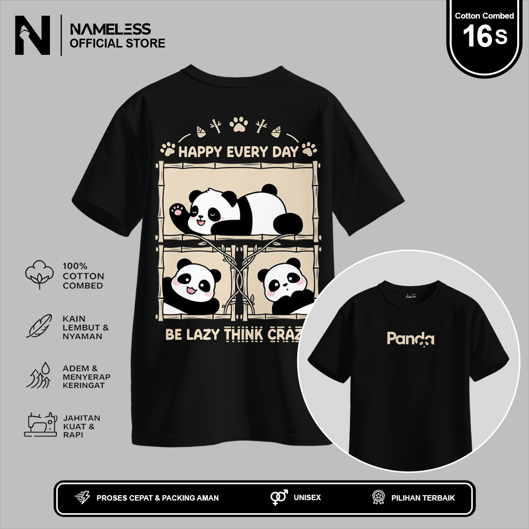 Cute Panda Bamboo Comic Graphic T-Shirt - "Be Lazy Think Crazy" Cozy Black Edition